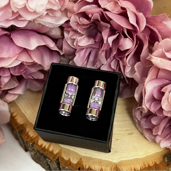 Unique Silver Cylinder Purple Sand Hourglass Cufflinks - Picture 16 of 17